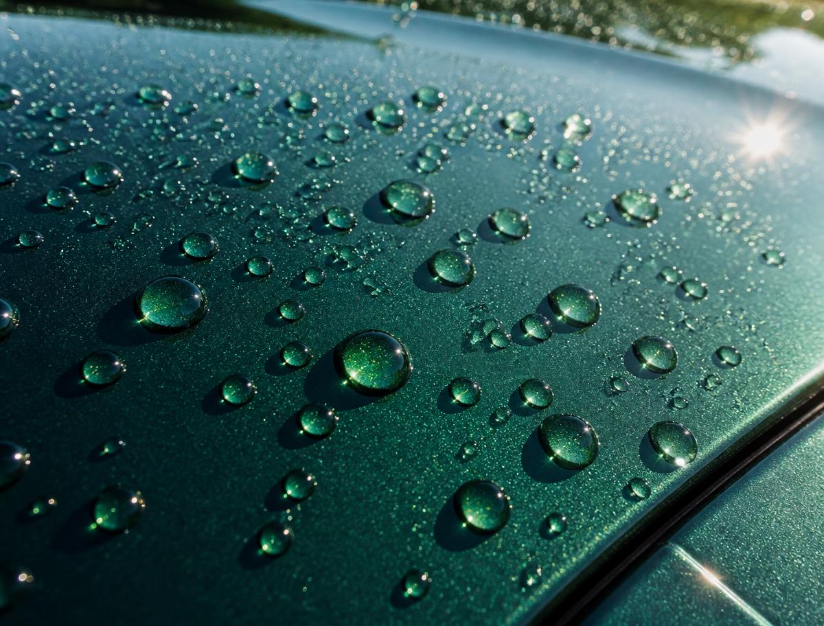 Water beading on ceramic-coated deep green paint in sunlight