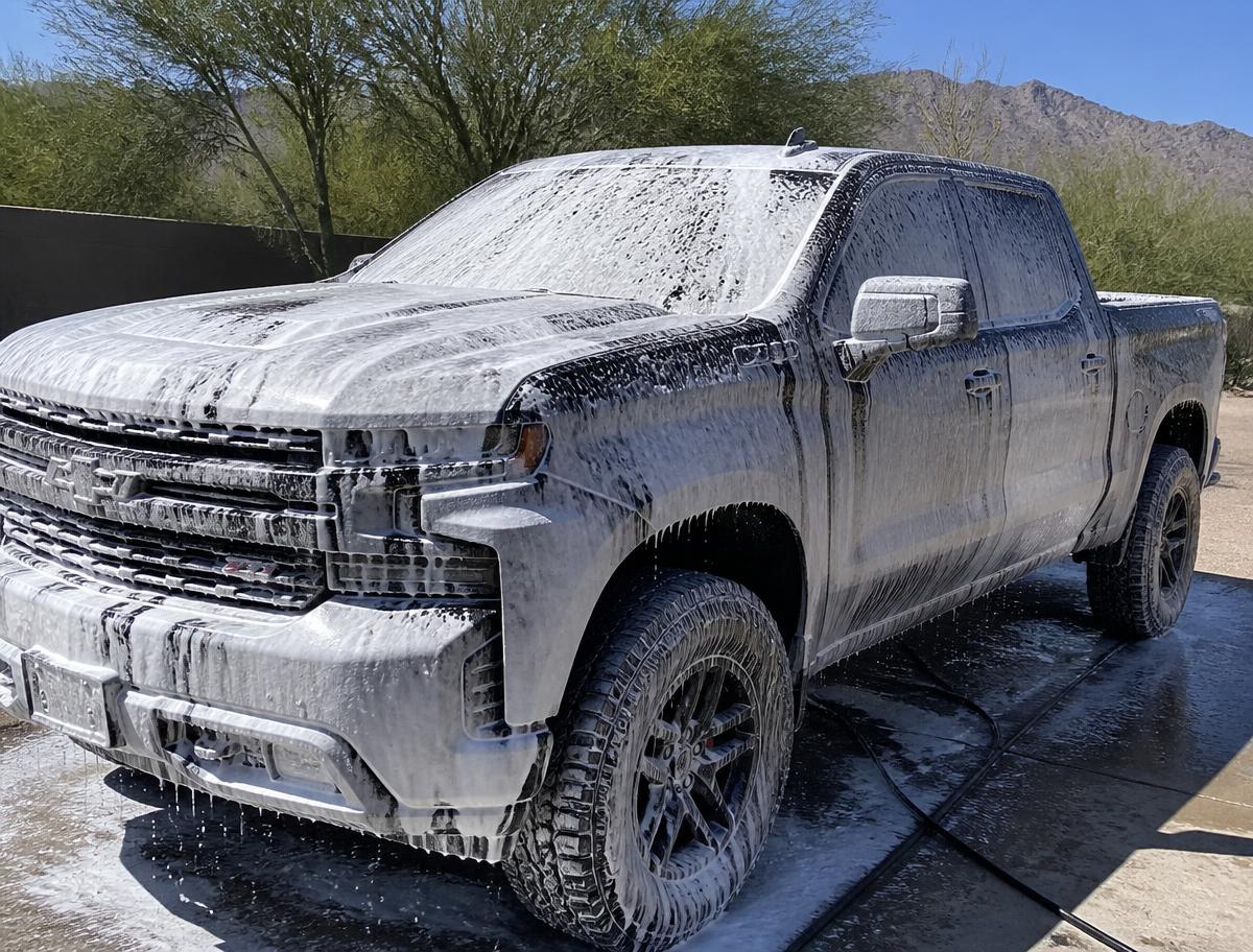Truck covered in thick foam during a Glass Motion Detail hand wash